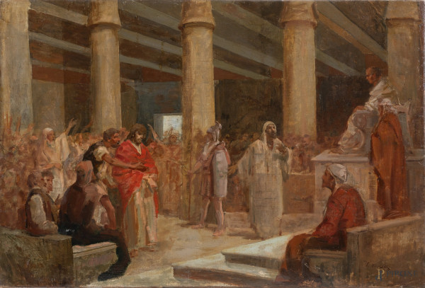 Cristo davanti a Pilato, XIX-XX secolo, olio su tela, cm 51x76, firmato in basso a destra, (piccole abrasioni)