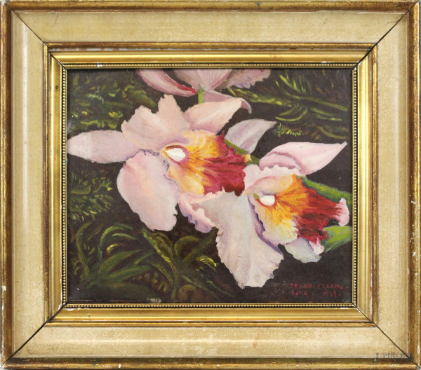 Orchidee, olio su tela applicata su tavola, cm 24x30, firmato, entro cornice.