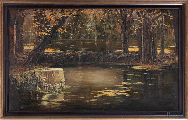 Palude, XX secolo, olio su tela, cm 91x150, firmato in basso a sinistra, entro cornice