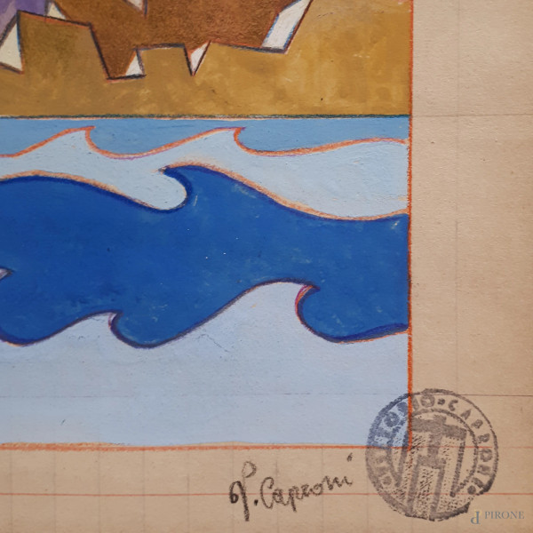 Vittorio Caproni, (XX secolo), Aeropittura, tecnica mista su carta, cm 22x35, titolato “FUTURAERE...