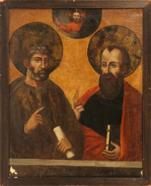San Pietro e Paolo, olio su tela, 41x52 cm, entro cornice, (mancanze e lievi restauri)