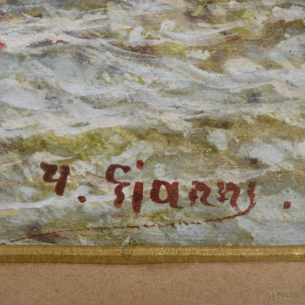 Scorcio di Venezia con gondola, XX secolo, tecnica mista su carta, cm 31x48, firmato in basso a d...