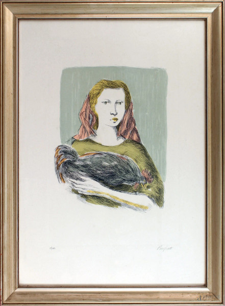Domenico Purificato - Fanciulla con gallo, litografia 39/125, cm. 70x50, entro cornice.