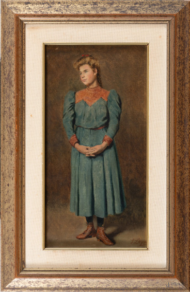 Ritratto di fanciulla, XX secolo, olio su tela, cm 36x19, firmato in basso a destra, entro cornice, (segni di battitura del telaio)