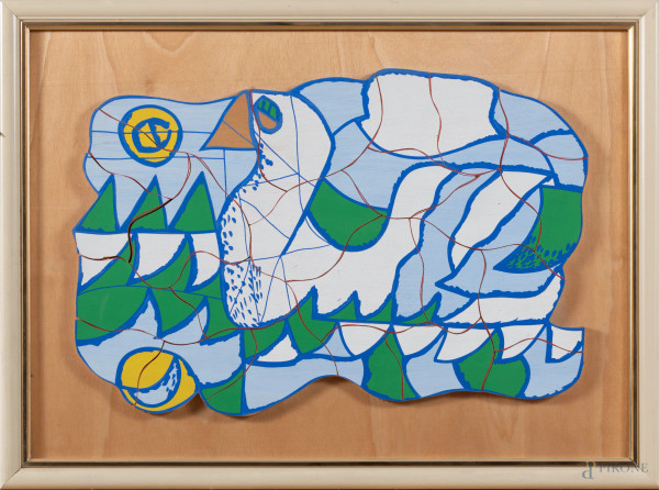 Composizione, XX secolo, acrilico su tasselli di compensato applicati su compensato, cm 66x47, entro cornice, (lievi segni di usura)