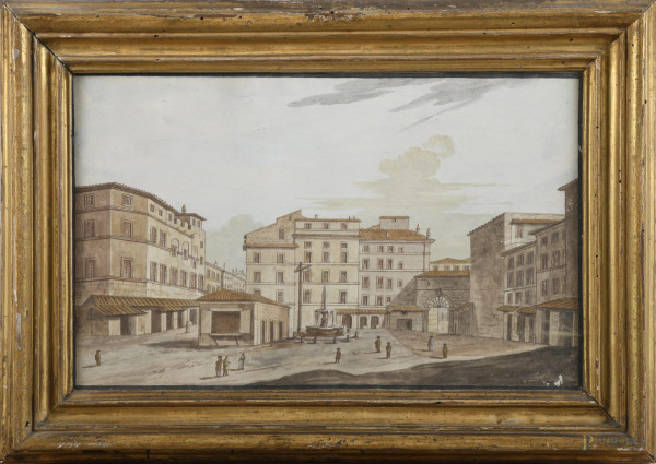 Scorcio di piazza, XIX secolo, tecnica mista su carta, cm 27x42, entro cornice, (segni di usura, tracce di umidità, ondulazioni della carta, cadute di colore)