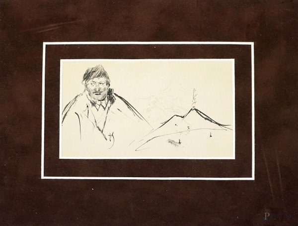 Pescatore napoletano, penna su carta, siglato P. Scoppetta, cm 15,5x22