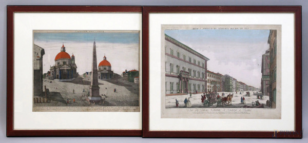Veduta di Piazza del Popolo e di Palazzo Colonna di Sciarra, coppia di stampe acquarellate del XVIII secolo, cm 34x45, entro cornici