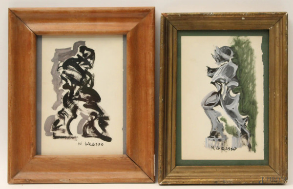 Figure, coppia dipinti a tecnica mista su carta cm 22x14, entro cornici.