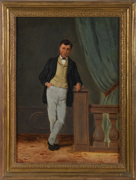 Ritratto di giovane gentiluomo, olio su tela, XX secolo, cm 46,5x33,5 firmato in basso a sinistra, entro cornice, (piccolissime cadute di colore e foro in basso)