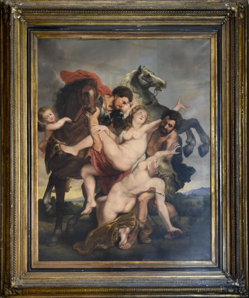 Il ratto delle figlie di Leucippo (da Peter Paul Rubens, 1577-1640), XIX secolo, firmato in basso a destra, cm 150,5x118, entro cornice, (difetti)