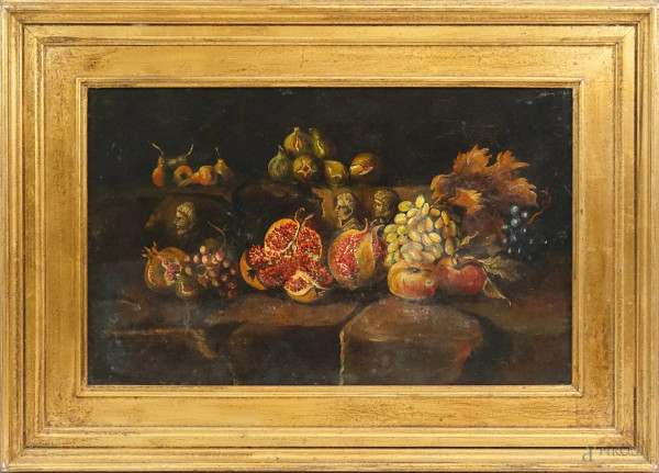 Pittore del XIX secolo, Natura morta, olio su tela, cm 53,5x85, entro cornice