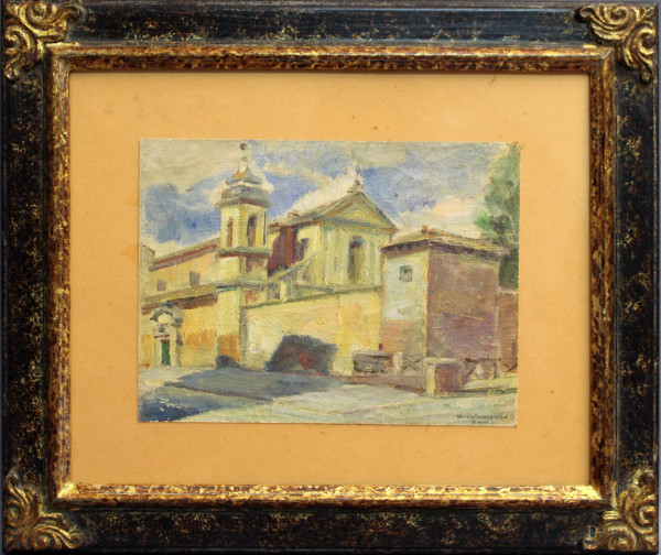 Esterno di chiesa, olio su tela firmato Paternostro, cm 15 x 20, entro cornice.