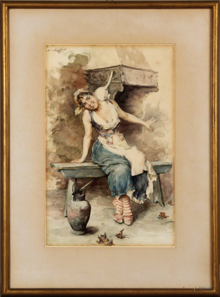 Fanciulla con gatto, acquarello su carta, cm. 42x27, firmato E. Chigia, entro cornice.