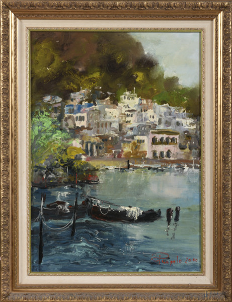 Porticciolo sul mare, acrilico su tela, cm 70x50, firmato e datato 2000 in basso a destra, entro cornice