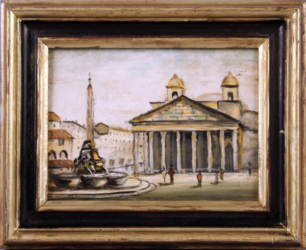 Veduta del Pantheon, olio su tavola, 14,5x19,5 cm, entro cornice.
