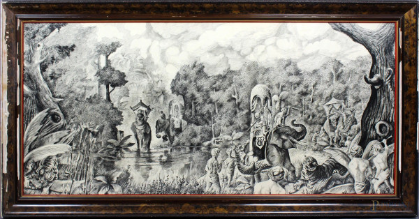 Paesaggio indiano con elefanti e figure,china su carta 60x128cm, entro cornice.