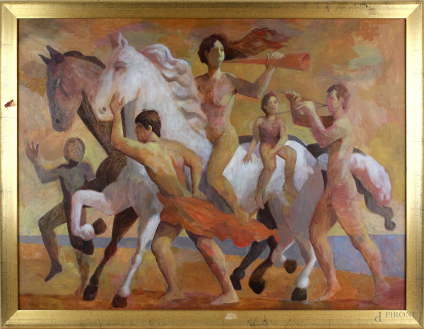 Figure con cavallo, olio su tela, cm 60x80, XX secolo, con dedica al retro, entro cornice