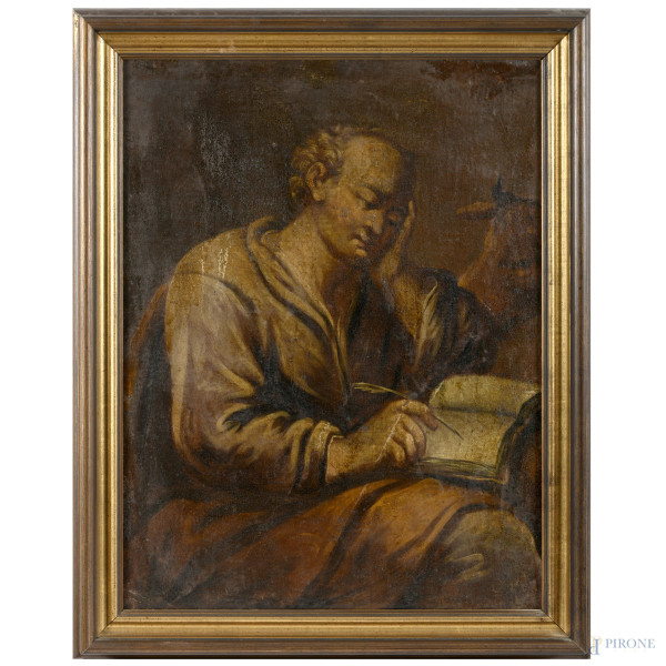 San Luca, XVIII secolo, olio su tela, cm 73x56, entro cornice, (abrasioni, restauri)