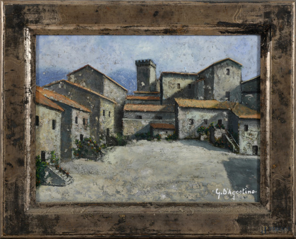 Scorcio con case, XX secolo, olio su tela, cm 30,5x40, firmato in basso a sinistra, entro cornice