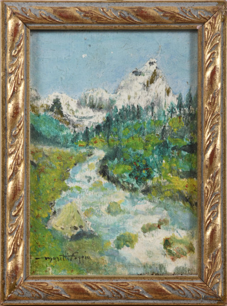 Ruscello montano, XX secolo, olio su compensato, cm 15x11, firmato in basso a sinistra, entro cornice, (segni di usura, cadute di colore)