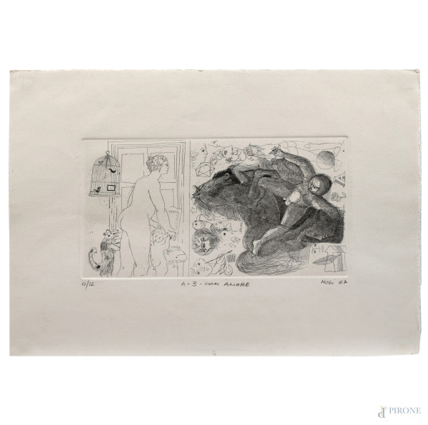 A-3 con amore, acquaforte, es. 12/12, cm 35x49,5, firmata e datata "1967" in basso a sinistra