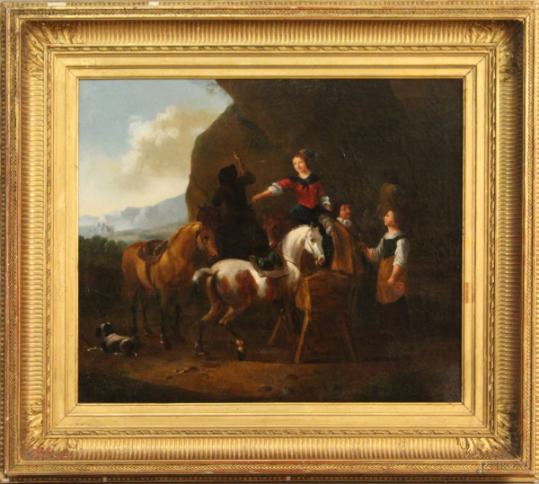 Pittore nord Europa del XVIII sec, Il riposo dei cavalieri, olio su tela 46x55 cm, entro cornice.