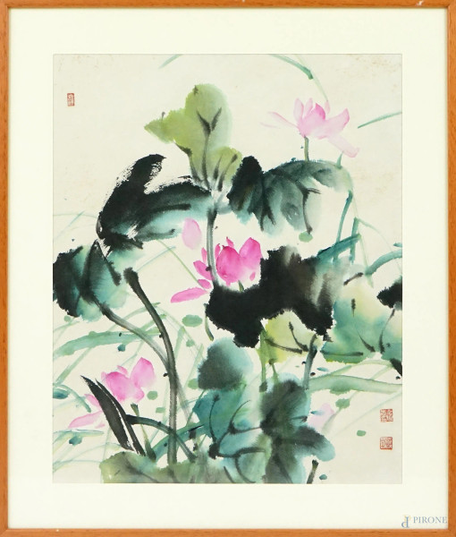 Pittore cinese del XX secolo, Fiori, acquarello su carta, cm 45x37, entro cornice