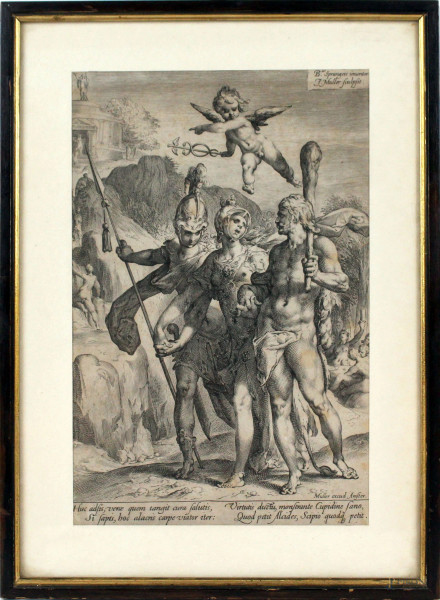 Harmen Jansz Muller - da Bartholomeus Spranger, Ercole e Scipione guidati da Minerva sulla via della virtù, incisione, cm 23,5x15,5, entro cornice