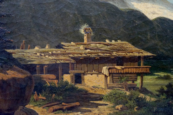 Paesaggio montano con torrente, olio su tela, fine XIX secolo, cm 30,5x52, entro cornice