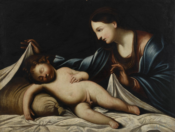 Madonna con Bambino dormiente, XVII-XVIII secolo, olio su tela, cm 73x97, (piccole cadute di colore marginali)