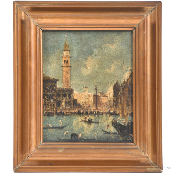 Scorcio di Venezia, XIX secolo, olio su tela, cm 19,5x15,5, entro cornice, (piccole cadute di colore, ondulazione del supporto, craquelure)