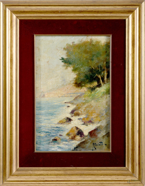Oscar Ricciardi (1864-1935), Costiera, olio su compensato, cm 46x33 entro cornice, firmato in basso a destra