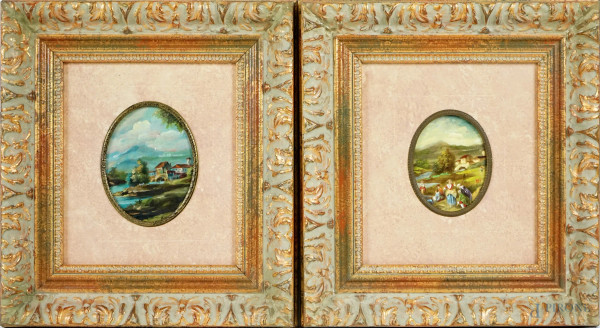 Due miniature ad assetto ovale raffiguranti scorcio montano ed acquaiole, una stampa ed un olio su rame, misure max cm 9,5x7,5 circa, firmati, entro cornici.