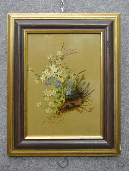 Natura morta con fiori, olio su cartone 20x26 cm, entro cornice.