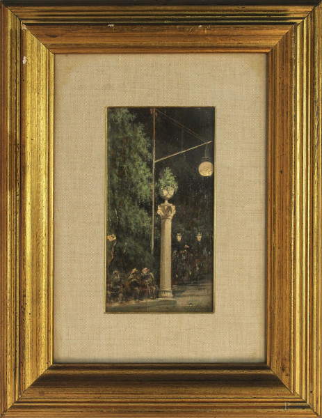 Scorcio di villa borghese con figure, olio su tavola 9x17 cm, entro cornice firmato.