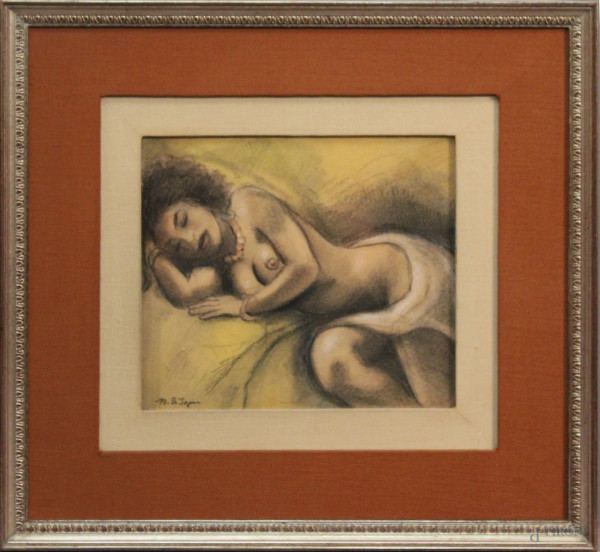 Nudo di donna, disegno a tecnica mista su cartone, 22x23 cm, entro cornice firmato