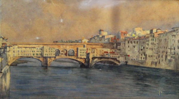 Scorcio di Ponte Vecchio, acquarello su carta, 17x30 cm, entro cornice