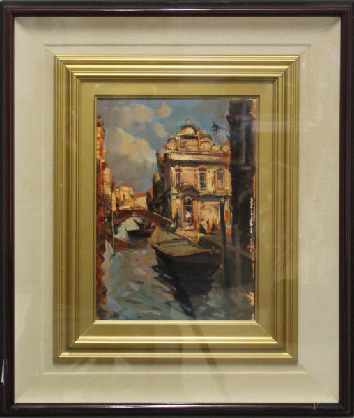 Scorcio di Venezia, olio su tavola, cm. 35x25, firmato, entro cornice.