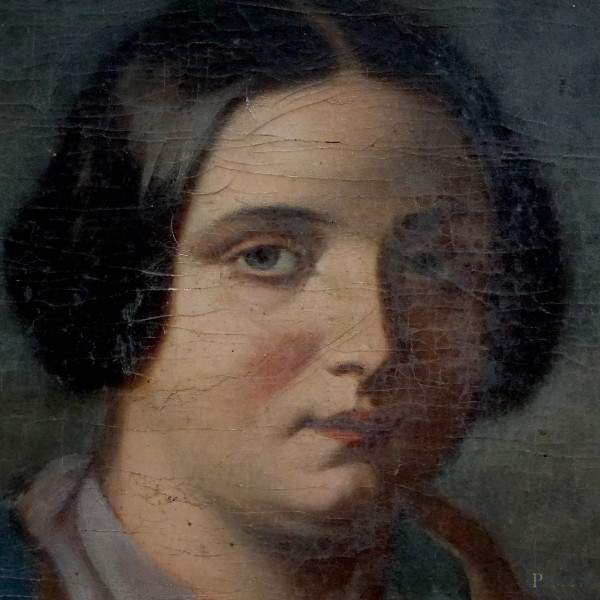 Pittore del XIX secolo, Ritratto di nobildonna, olio su tela, cm 110x84, entro cornice, (difetti)