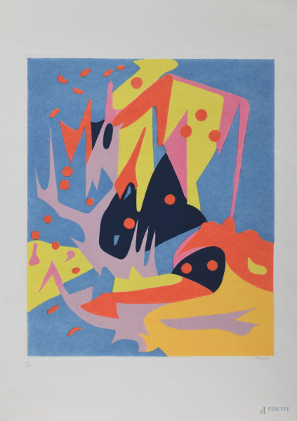 Giulio Turcato (1912 – 1995), Bella Blu, 1986, acquatinta a otto colori es 33/100, cm 70,5x49, firmata in basso a destra, tiratura in basso a sinistra, realizzata per il Gruppo Ferrero