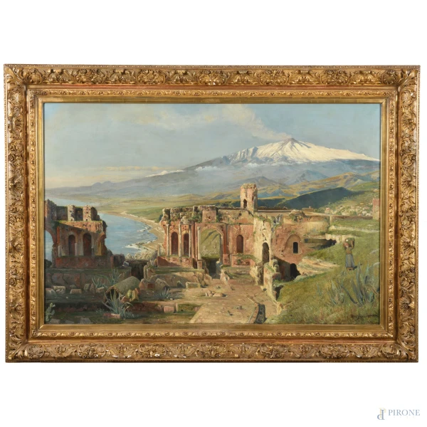 Teatro greco di Taormina, XIX-XX secolo, olio su tela, cm 84x123,5, firmato in basso a destra, entro cornice
