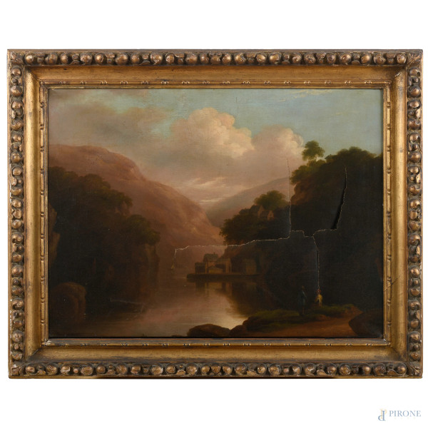 Paesaggio scozzese con figure, olio su tela, cm 56,5x77, entro cornice,  ( gravi rotture alla tela)