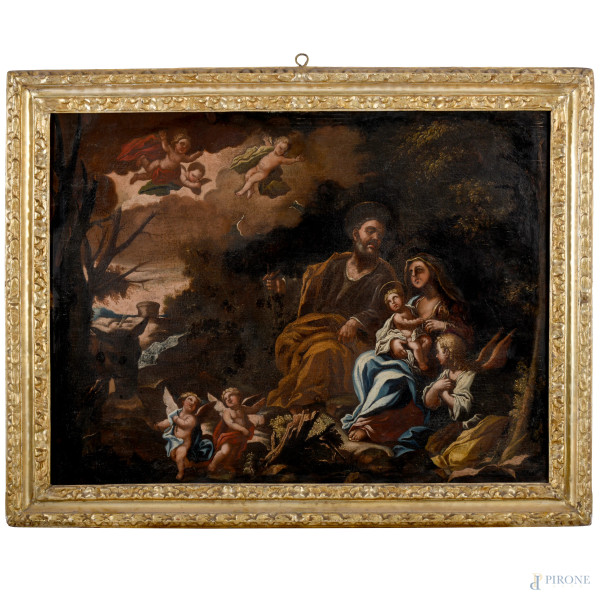 Sacra famiglia entro paesaggio con putti e angelo, olio su tela, cm 99x73, XVIII secolo, (difetti)