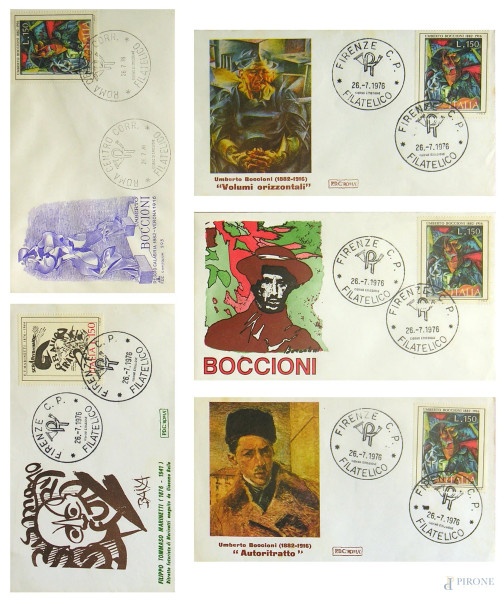 Umberto Boccioni e Filippo Tommaso Marinetti, Filatelia futurista, collezione di cinque buste “primo giorno” a soggetto futurista