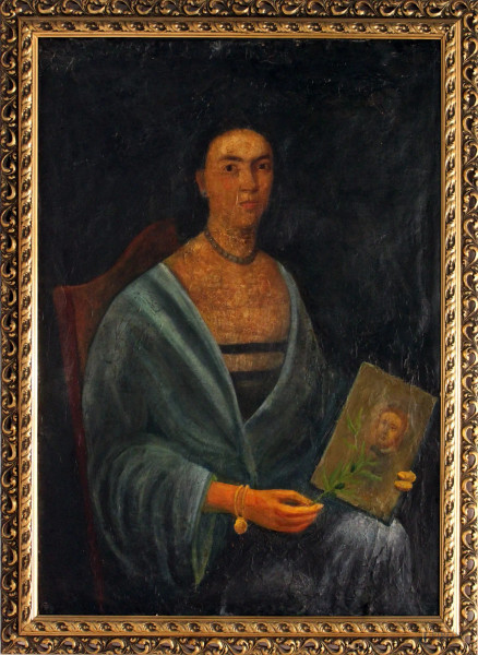 Ritratto di donna, olio su tela, cm 100x74, XIX sec., entro cornice.