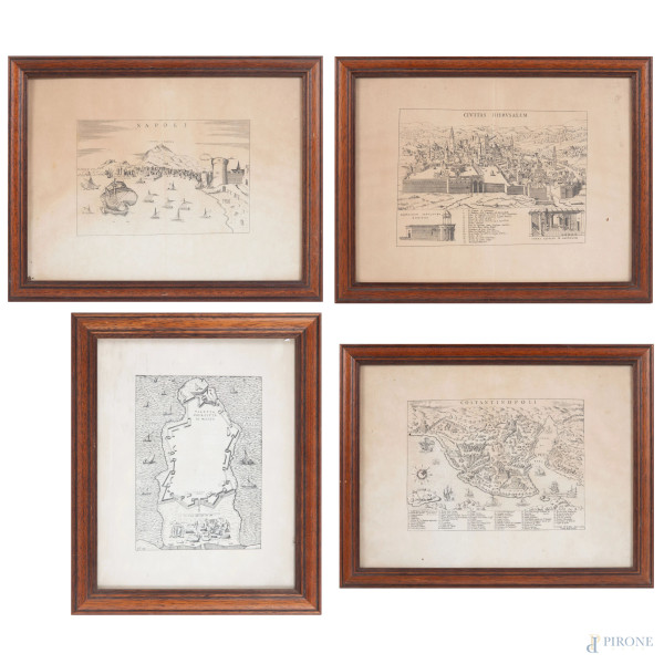 Lotto di quattro stampe topografiche, XX secolo, misure massime cm 30x40, entro cornice, (difetti, graffi, abrasioni)