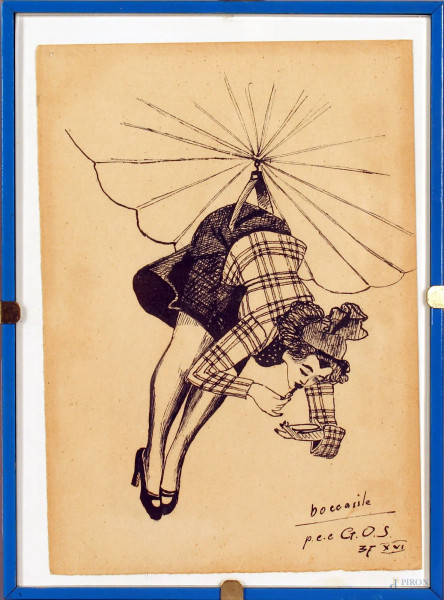 Gino  Boccasile - Donna con paracadute, china su carta, cm. 16,5x11,5.
