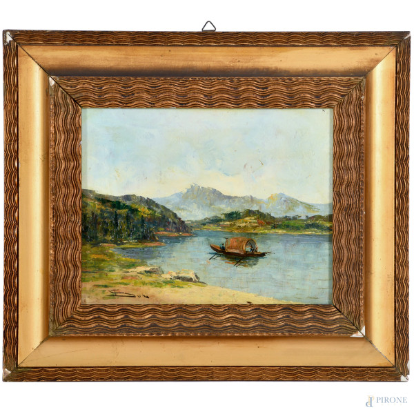 Lago montano, XX secolo, olio su compensato, cm 24x30, firmato i basso a sinistra entro cornice