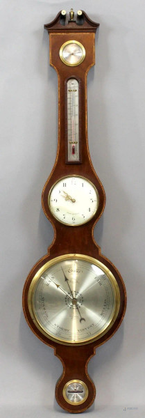 Orologio-barometro in mogano marcato Comitti, altezza cm 100, (difetti)